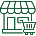 Green line drawing of a storefront with an awning and a shopping cart, representing shopping or a shop