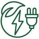 Green leaf circle around a lightning bolt and plug, symbolizing renewable energy or eco-friendly power.