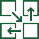Icon of four squares connected by arrows, representing data synchronization between devices (data transfer).