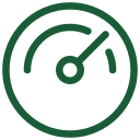 Green circular gauge with a needle pointing toward the right, representing performance level or status indicator.