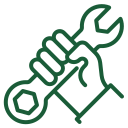Green outline illustration of a hand gripping a wrench, symbolizing repair or maintenance.